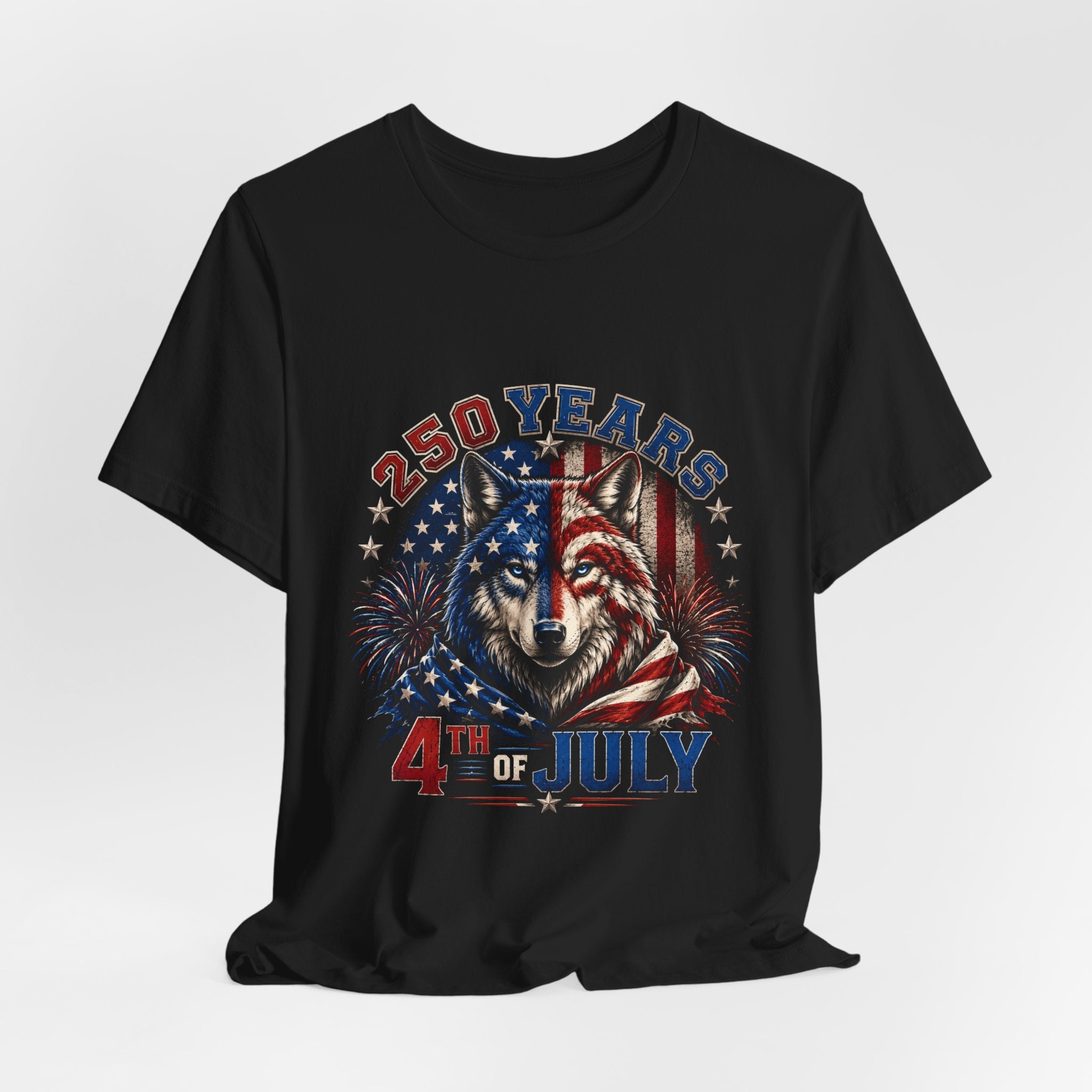 4th of July Wolf Tee – 250 Years Patriotic American Flag Graphic T-Shirt