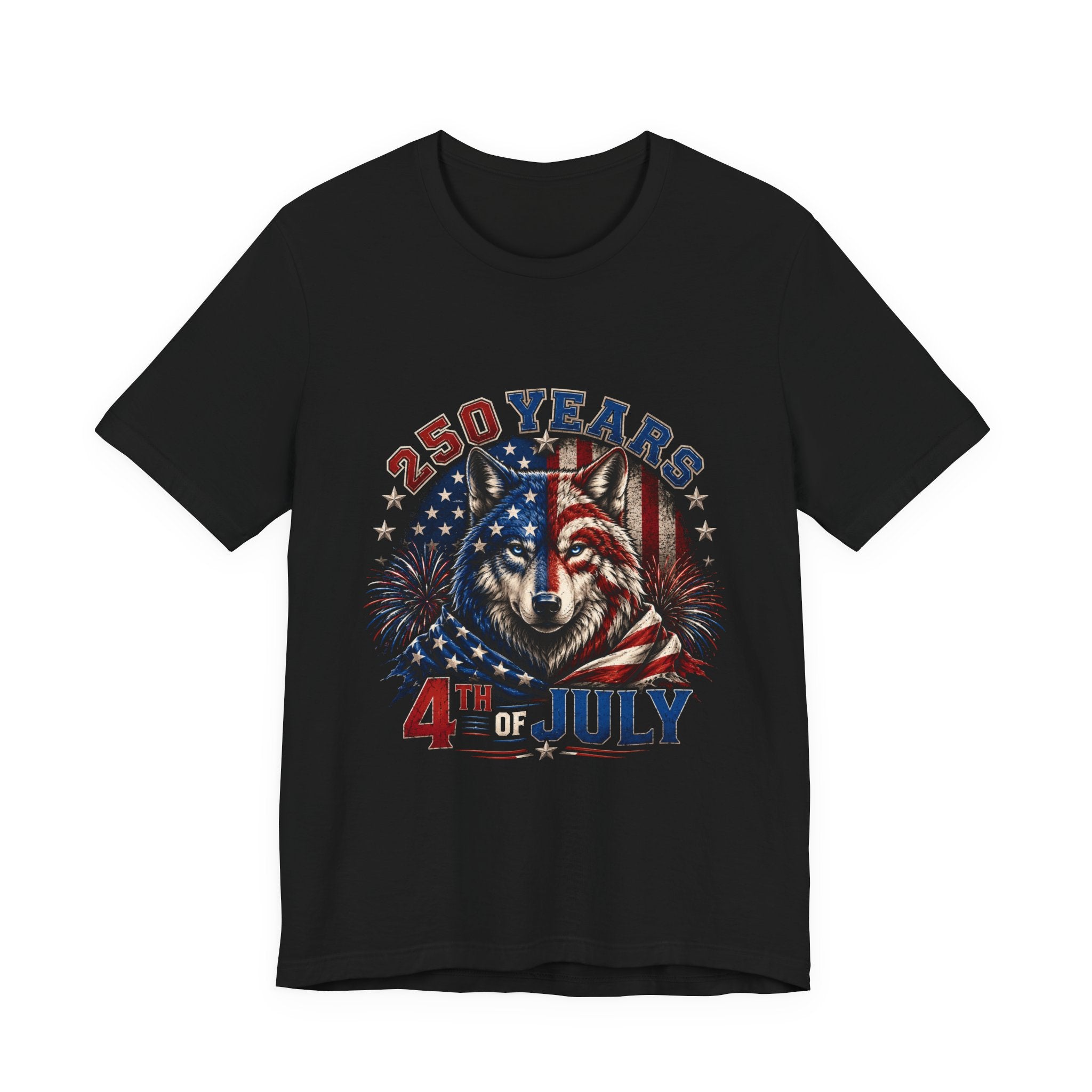 4th of July Wolf Tee – 250 Years Patriotic American Flag Graphic T-Shirt